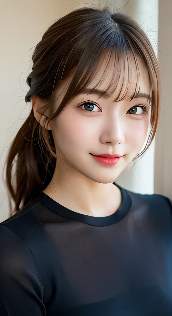 table top, highest quality, shape, Super detailed, finely, High resolution, 8k wallpaper, 完璧なダイナミックな構shape, finelyて美しい目, ladies fashion summer,ponytail hair,small breasts natural color lip, bold sexy pose,smile,20 year old girl、cute、sexy shot looking at camera,Wake up,Realistic quality,blonde,Eyes to the left,A little sharp beauty,Don&#39;don&#39;t wear clothes,topless nude