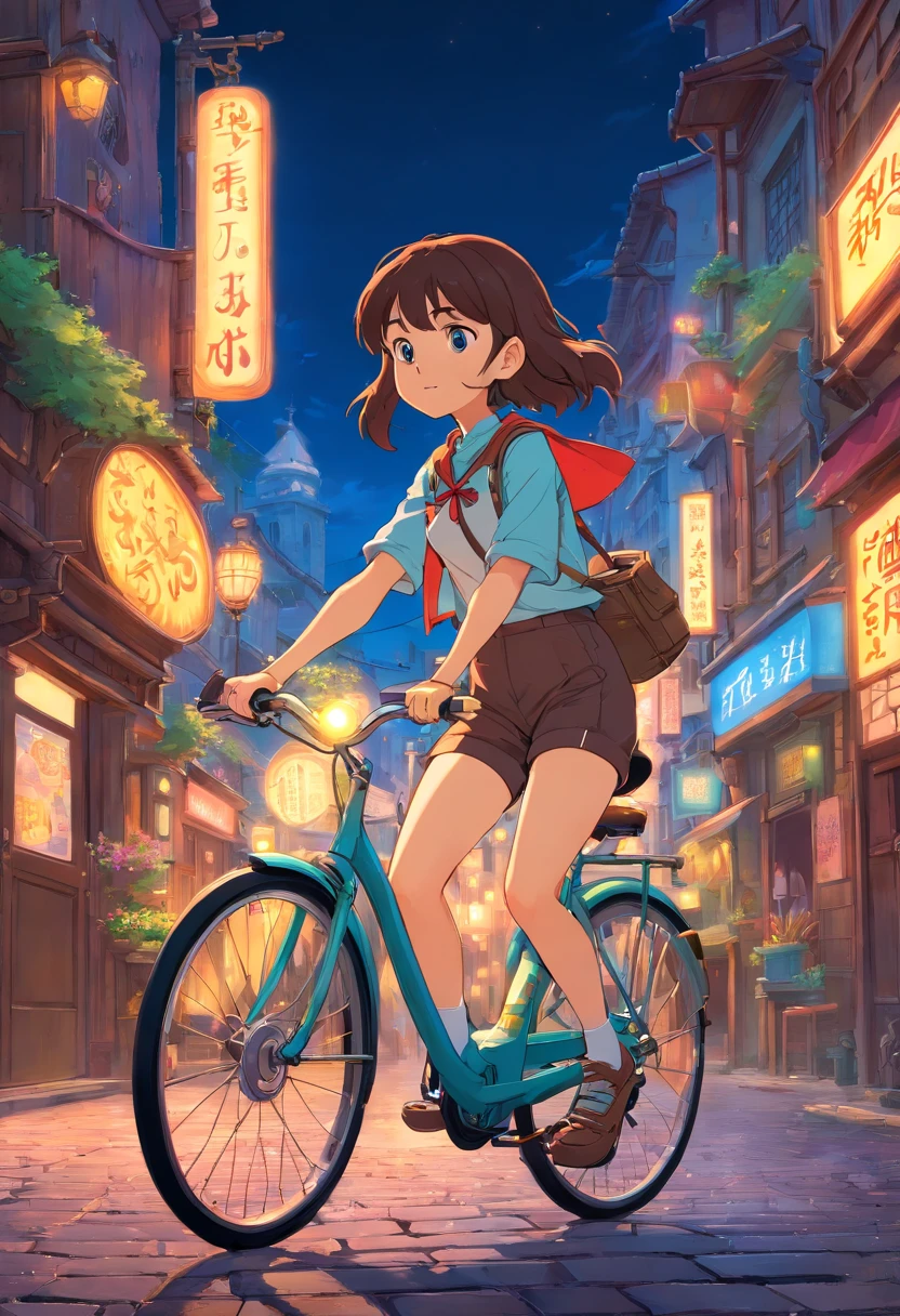 a girl rides a bicycle, in running shorts, short shorts, neon light city, medieval otherworldly style steampunk, masterpiece, best quality, amazing, 8k