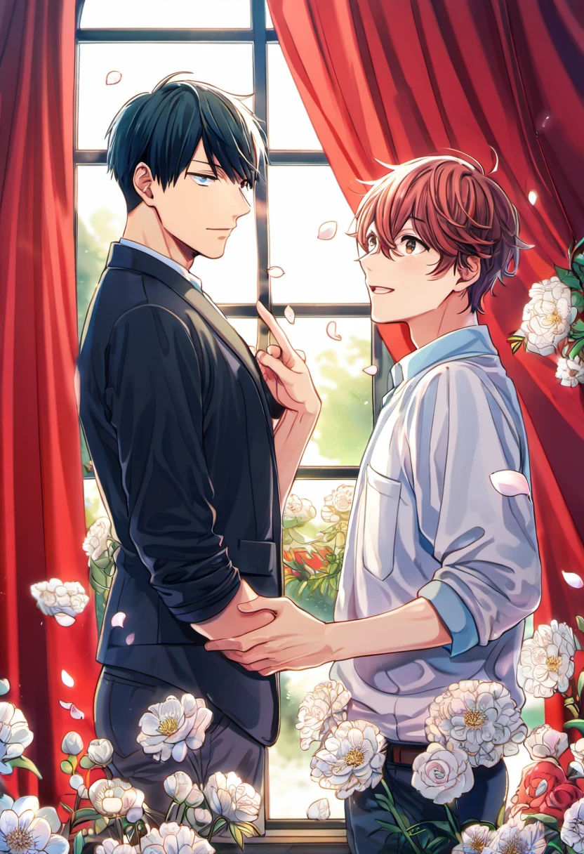 absurdres, highres, ultra detailed, HDR), master piece, best quality, Uenoyama Ritsuka, black hair, expressive blue eyes, Given, Sato Mafuyu, pink-brown hair, expressive brown eyes, 2men together, gay couple, handsome, window, red curtains, flowers, petals