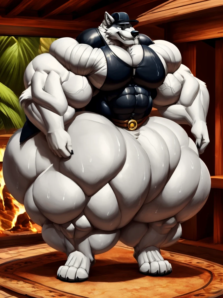 4k, high resolution, best quality, perfect lightning, perfect, solo, anthro, young, boy,white wolf:2.0, furry body, (fluffy mane:1.2), fluffy tail, male, adult, (bulky2:0, thick muscles2:0, huge muscles:2.0, hyper muscles:2.0), (thick biceps, veiny biceps, big broad veiny pecs:2.0, broad shoulders:2.0), (thick legs, thick calves:1.1), (digitigrade legs, 4 toes:1.2), perfect colors, (photorealistic fur, detailed fur, epic, masterpiece), (suggestive posing:1.2), (seductive smile, ??????? grin 1.3), detailed beach,detailed wolf eyes:2.0, by k0suna, by darkgem，?????? ring，big pecs:2.0，hyper arms:2.0，veins,hyper ????:2.0,hyper paws:2.0，standing，thick legs，thick butts:2.0,sweat body:2.0,massive ????:2.0,black hat,hyper ???:2.0,huge ???:2.0,presenting ????,white fur,white body