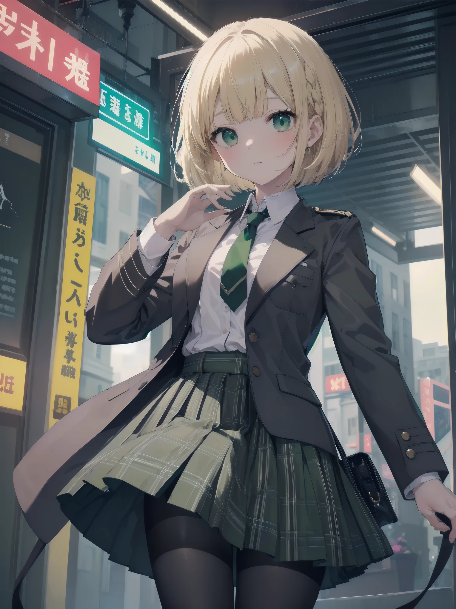 Top-High quality、Highest image quality、masterpiece、high contrast、Elegant、erotic expression、high school girl、blonde、Bob cut braids、uniform、(brown blazer)、ribbon tie、(Green and gray plaid skirt)、(black tights)、cinematic lighting、fine shading、cute、Truly unbelievably cute absurd、outside、outside苑
