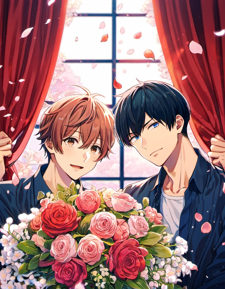 absurdres, highres, ultra detailed, HDR), master piece, best quality, Uenoyama Ritsuka, black hair, expressive blue eyes, Given, Sato Mafuyu, pink-brown hair, expressive brown eyes, 2men together, gay couple, handsome, window, red curtains, flowers, petals