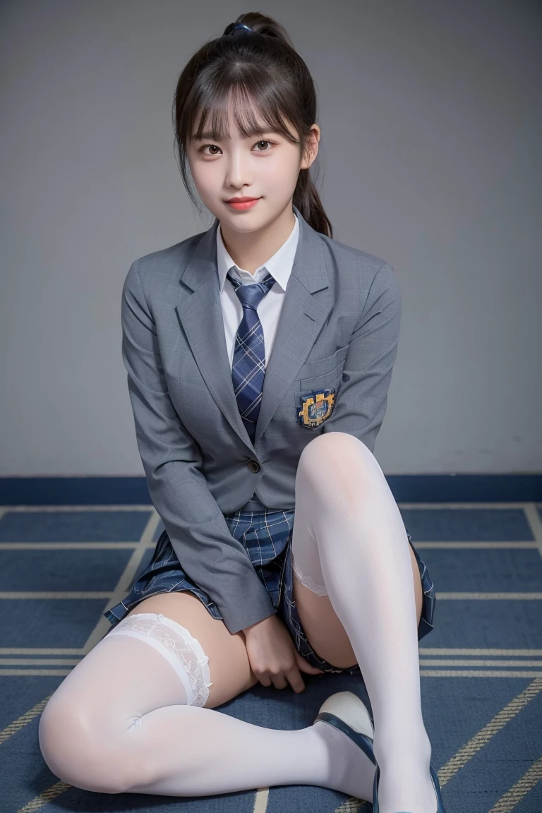 (8K), (highest quality: 1.2), (realistic), (realistic: 1.37), ultra high resolution, (1 girl), cute, smile, closed mouth, beautiful details, beautiful nose, ponytail, giant dulcefo, pork, thighs,self snap,University Student Uniform,(A simple navy blue blazer),pleated skirt,(The skirt and tie are gray tartan check pattern....:1.3),(sitting:1), sit on the ground,(hug your feet:1),(white stockings),from the front,knees,loafers