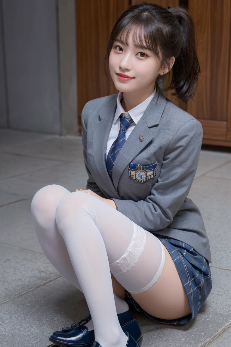 (8K), (highest quality: 1.2), (realistic), (realistic: 1.37), ultra high resolution, (1 girl), cute, smile, closed mouth, beautiful details, beautiful nose, ponytail, giant dulcefo, pork, thighs,self snap,University Student Uniform,(A simple navy blue blazer),pleated skirt,(The skirt and tie are gray tartan check pattern....:1.3),(sitting:1), sit on the ground,(hug your feet:1),(white stockings),from the front,knees,loafers