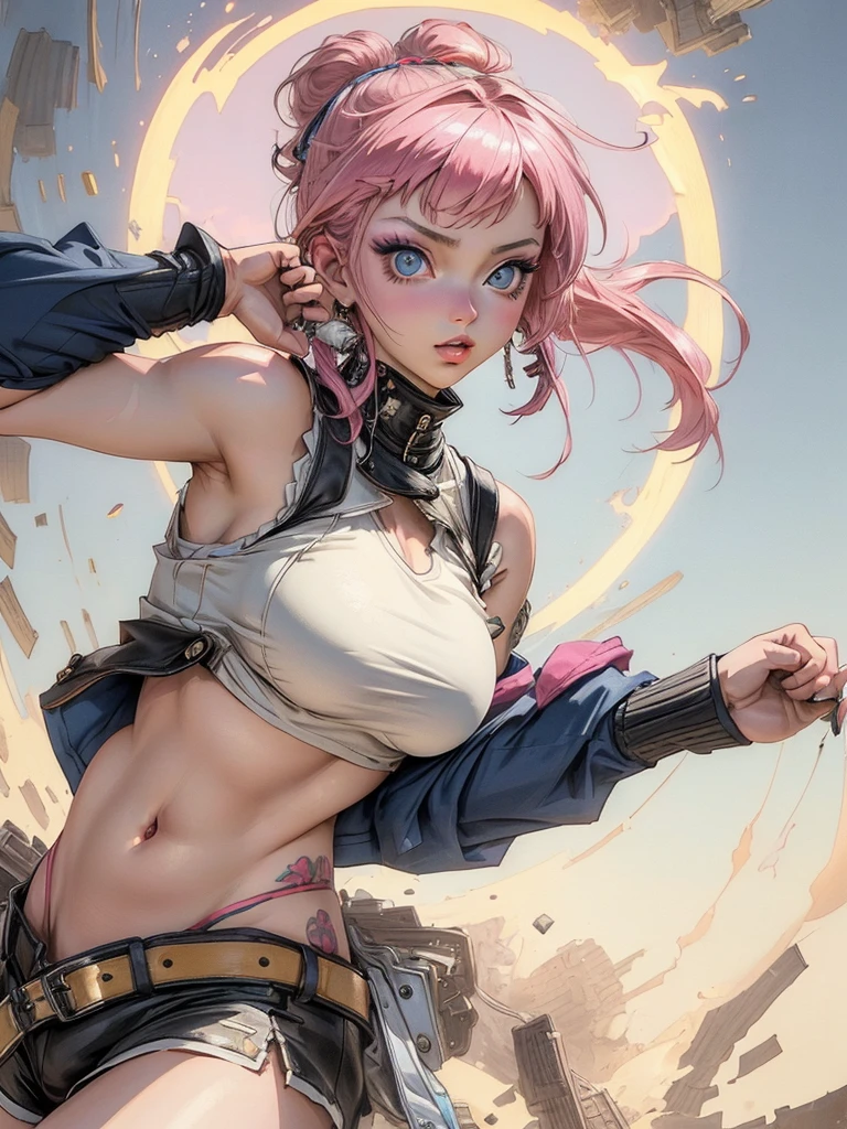 best quality, masterpiece, oral rape, upper body, woman, ruined makeup, blonde hair blown in the wind, shining eyes, steampunk nude style, thin clothes, pink clothes, pink hair, (cum on breasts:1.2)