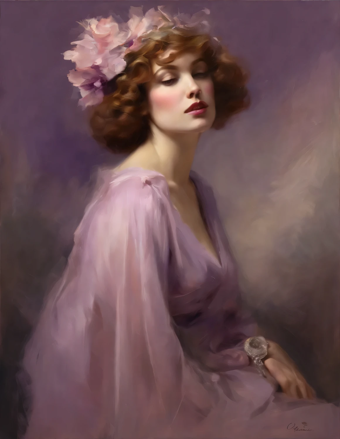 chiaroscuro technique on sensual illustration of an elegant queen (((short hair with bangs:1.4、Beautiful bangs) , vintage ,silky dress, matte painting, by John Singer Sargent, by Harumi Hironaka, extremely soft colors, dark vibrant, purple pastel, highly detailed, digital artwork, high contrast, dramatic, refined, tonal, an intimate, seductive studio setting with a focus on sensuality and romance. Utilize soft, warm lighting that bathes the space in a gentle, inviting glow. Incorporate luxurious fabrics, plush furnishings, and a touch of decadence to evoke an opulent ambiance. The scene should exude an air of serenity and anticipation, inviting the viewer into a sensual and romantic space