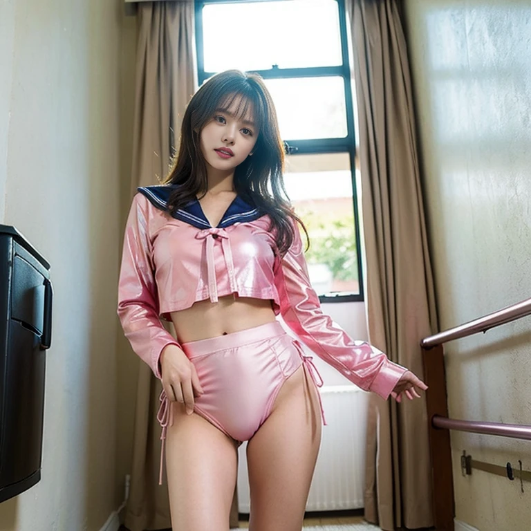 (highest quality、4k、8k、High resolution、masterpiece: 1.uper detailed、(real、photorealistic、photorealistic: 1.37)、beautiful young woman、High Tech City、Shining neon lights、((A pink metallic sailor suit that fits snugly against the skin:1.5))、ifts her skirt to reveal gorgeous floral panties:1.y fluids continue to drip from my crotch!