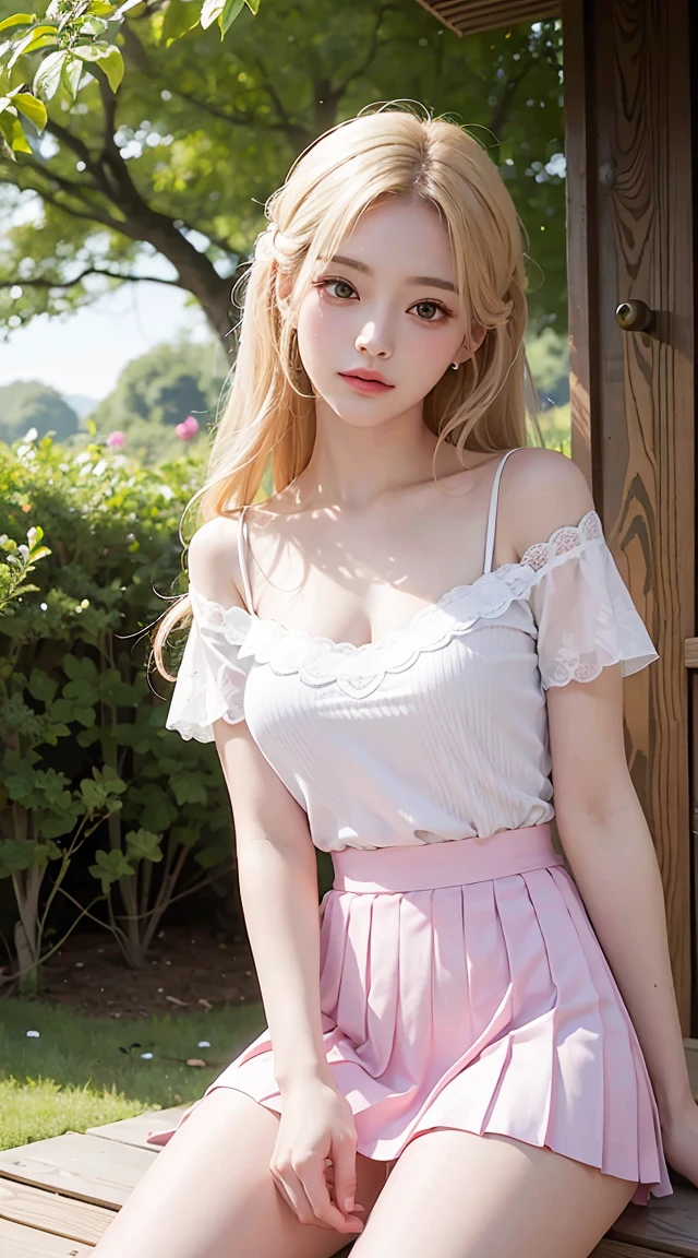 (highest quality, masterpiece:1.3), figure, ((beautiful and detailed face)), beautiful detailed skin, intricate details, super detailed, Best image quality in 8K, real image () (24 year old female model:V-neck white shirt, pink pleated skirt, garter belt) (small breasts), , () , , (perfect fingers) , , garden background , , blonde , , ((Very delicate and radiant skin))