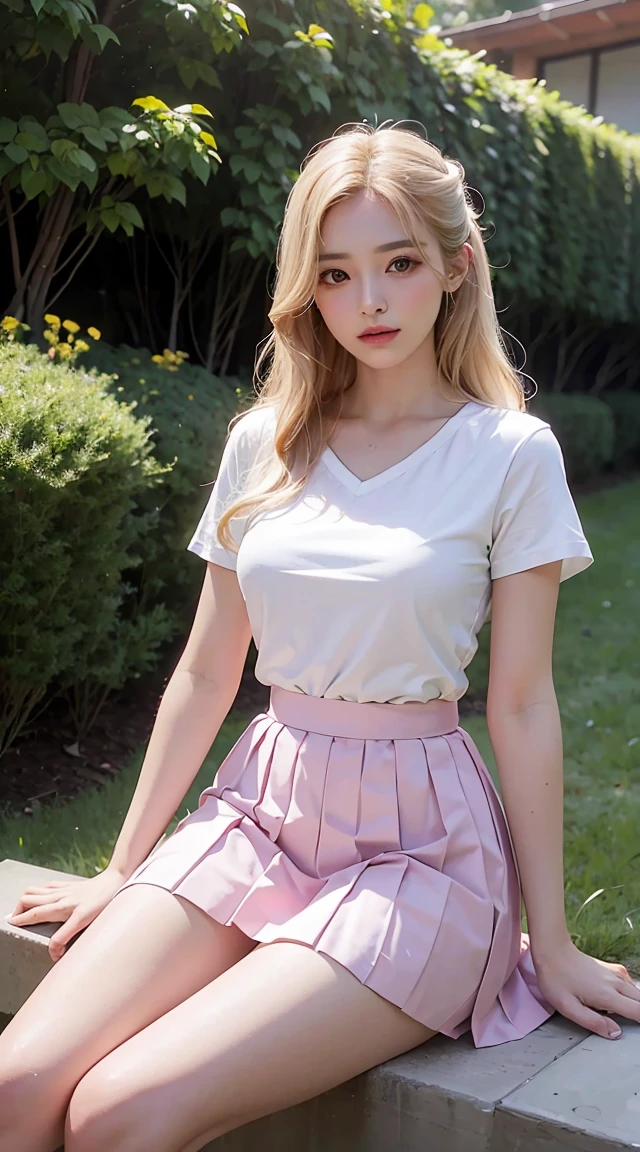 (highest quality, masterpiece:1.3), figure, ((beautiful and detailed face)), beautiful detailed skin, intricate details, super detailed, Best image quality in 8K, real image () (24 year old female model:V-neck white shirt, pink pleated skirt, garter belt) (small breasts), , () , , (perfect fingers) , , garden background , , blonde , , ((Very delicate and radiant skin))