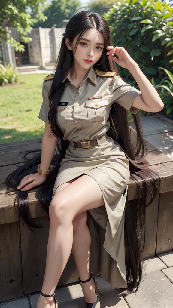 Khaki suit, khaki civil servant, Thai teacher uniform:1.3, Beautiful girl with extra long hair, Two meter long hair, Long hair that catches the eye, long black hair, Her hair is very long., Long, shiny hair, Long, thick, soft hair, Extra long hair, Dynamic posts, like full body, Short sleeve shirtสีกากี, short pencil skirtสีกากี, side cut, Decorated with military insignia., black high heels, The sexiest, small waist, hips raised, small thighs, Long legs, Huge breasts, Huge breasts:1.5, big breast, Very big breasts, Eye-catching breasts, A gigantic rift, Not completely covered, big breast, Huge breast, Big tits D, สาวTwo meter long hair, Beautiful face, red lips, Very shiny, แต่งBeautiful face, Military rank insignia, short pencil skirt, tight, Short sleeve shirt, tight fitting, in the background, blurred garden. ultra short skirt,