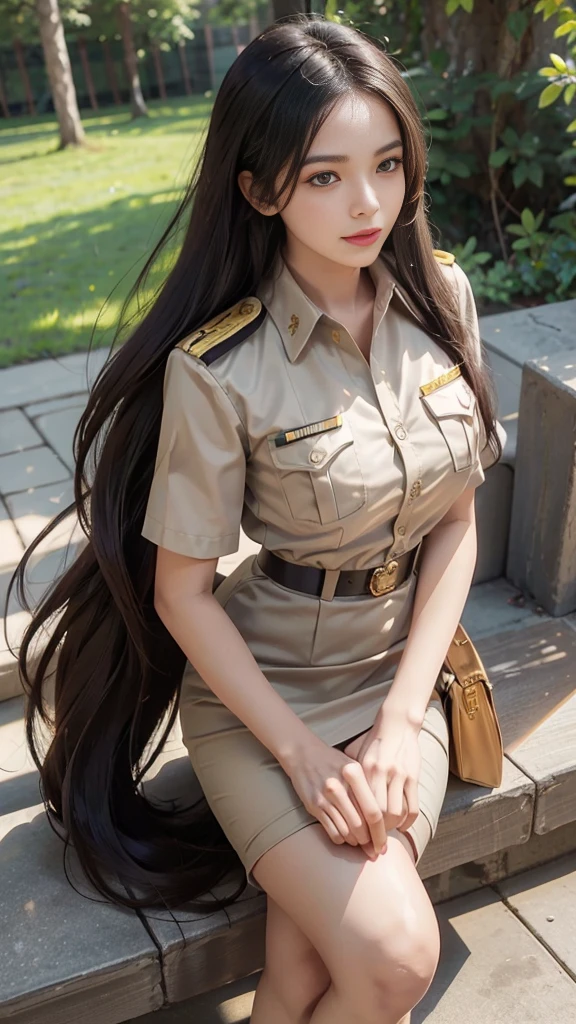 Khaki suit, khaki civil servant, Thai teacher uniform:1.3, Beautiful girl with extra long hair, Two meter long hair, Long hair that catches the eye, long black hair, Her hair is very long., Long, shiny hair, Long, thick, soft hair, Extra long hair, Dynamic posts, like full body, Short sleeve shirtสีกากี, short pencil skirtสีกากี, side cut, Decorated with military insignia., black high heels, The sexiest, small waist, hips raised, small thighs, Long legs, Huge breasts, Huge breasts:1.5, big breast, Very big breasts, Eye-catching breasts, A gigantic rift, Not completely covered, big breast, Huge breast, Big tits D, สาวTwo meter long hair, Beautiful face, red lips, Very shiny, แต่งBeautiful face, Military rank insignia, short pencil skirt, tight, Short sleeve shirt, tight fitting, in the background, blurred garden. ultra short skirt,