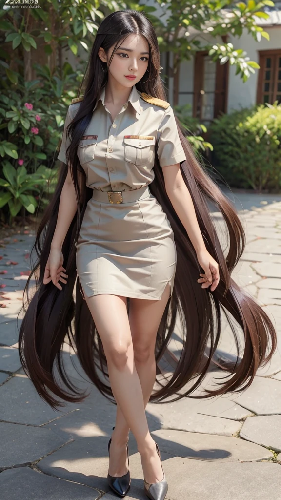 Khaki suit, khaki civil servant, Thai teacher uniform:1.3, Beautiful girl with extra long hair, Two meter long hair, Long hair that catches the eye, long black hair, Her hair is very long., Long, shiny hair, Long, thick, soft hair, Extra long hair, Dynamic posts, like full body, Short sleeve shirtสีกากี, short pencil skirtสีกากี, side cut, Decorated with military insignia., black high heels, The sexiest, small waist, hips raised, small thighs, Long legs, Huge breasts, Huge breasts:1.5, big breast, Very big breasts, Eye-catching breasts, A gigantic rift, Not completely covered, big breast, Huge breast, Big tits D, สาวTwo meter long hair, Beautiful face, red lips, Very shiny, แต่งBeautiful face, Military rank insignia, short pencil skirt, tight, Short sleeve shirt, tight fitting, in the background, blurred garden. ultra short skirt,