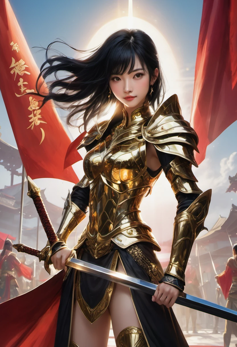 ((highest quality)), ((masterpiece)), (get used to it), perfect face, shoulder length black hair、28 year old female。Clad in dazzling golden armor、smile gently。The sword is pointed at me with the right hand.、Left hand vertical defense、Getting ready for battle.、A bright light shines from behind, wrap the entire body.