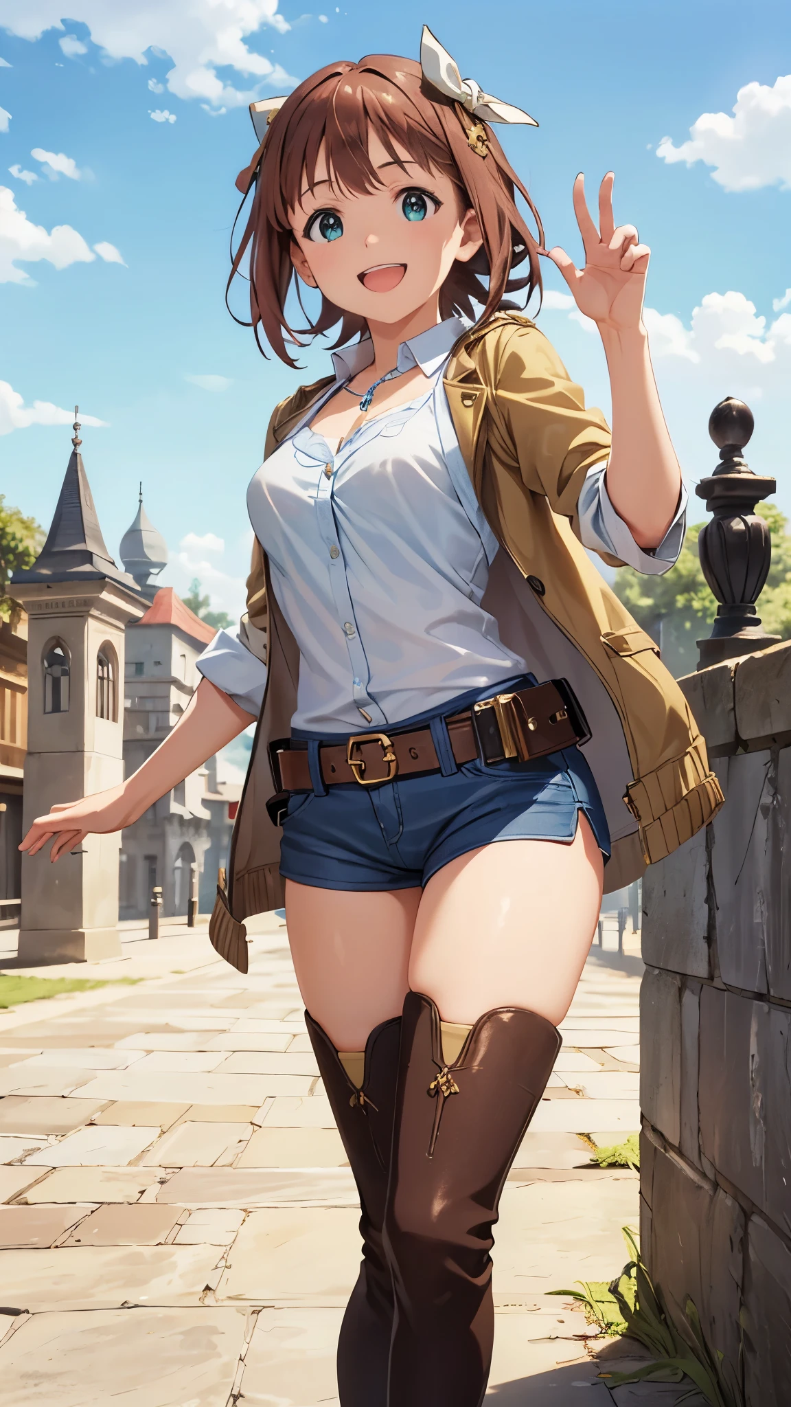 CG, unity, 8k, wallpaper, highest quality, masterpiece, 1 girl, haruka amami, cowboy shot, standing, looking at viewer, outdoors, waving, (smile: 1.2), open mouth, thigh boots, shorts, thighs, best lighting, complex pupils, complex textile, realistic skin texture, detailed background, (Traditional stone town in Europe), (blue sky: 1.5)