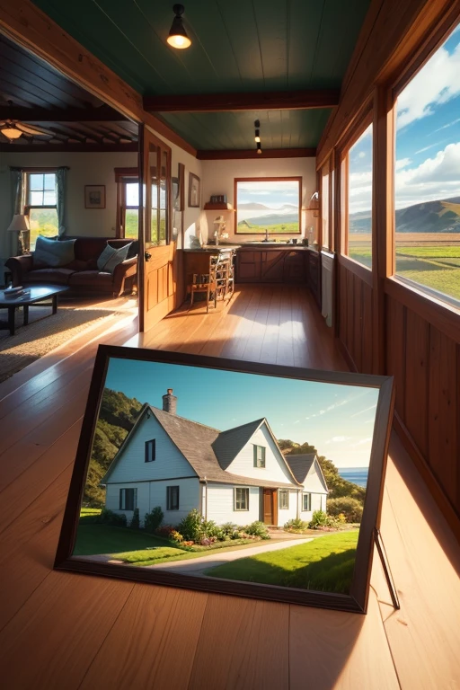 Liminal Space, Dream Core, Nostalgia Core, Anemoia, Kenopsia, location based on Mendocino, California, location based on Torrind, Scotland, coastal farming community, Anterior, Farm Land, House with Ranch style architecture, Art Deco architectural style, Soft colors, vivid colors, pastel colors, soft shading