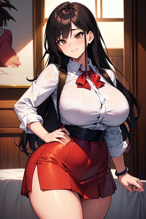 ((In the style of Dragon Ball)), (Ultra Masterpiece), Best quality, OverDetailed, Ultra-Detailed, Digital Art, Detailed Face, (18K++, HD+), (Hyper-Detailed Eyes), (Absurdres), (Skindentation), (Realism), (Best shadow), (Anime); Smiling eyes, /(Tsundere face)/, /(Tsundere looks)/, (Perfect face)+, (seductive beauty)+, Plump Gyaru, Huge breasts, Very curvy, (dark hair), Long hair, Bracelets, Beautiful hairstyle, (amber eyes), Full lips, (face filled with happiness, shy expression), very cute, ((beautiful character design)), At home; ((Intricate Clothes)), Professional photo. (Toned legs, Thick thighs), Big breasts, Ray tracing, (Perfect face)+, Octane render, good looking shirt, ((white) collared shirt), (open), good-looking skirt, ((red) Skirt), mini-skirt, At home, Huge breasts, Wide hips, (Shiny skin), (Very healthy body), 1 Female, (bold and assertive pose), (Very sexy+, Gorgeous woman+, young mature woman+), Facing the viewer, ((Tsundere))+