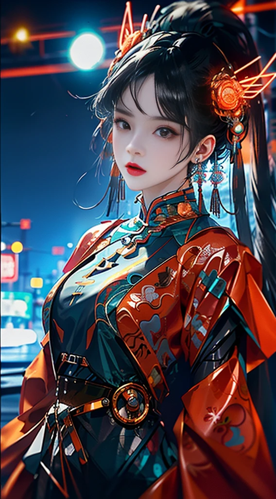 1 girl, Chinese_clothing, black and tangerine, cyberhan, cheongsam, cyberpunk city, dynamic poses, Luminous headphones, Luminous hair accessories, long hair, Luminous earrings, glow necklace, Long straight hair flying and messy, silver hair, cyberpunk, 高science and technology城, Full of mechanical and futuristic elements, Futurism, science and technology, glowing neon lights, tangerine, tangerine light, laser, Digital background city sky, big moon, There is a vehicle, best quality, masterpiece, 8K, Character edge light, Ultra high detail, high quality, The most beautiful woman in mankind, Background many advertising light boxes