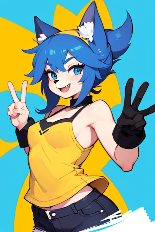 A generic furry portrait draw, happy expression, cute blue eyes, Peace sign with the left hand(perfil photo), only head and left hand in the screen, yellow background