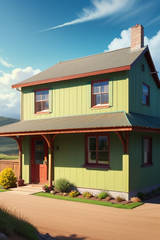 Liminal Space, Dream Core, Nostalgia Core, Anemoia, Kenopsia, location based on Mendocino, California, location based on Torrind, Scotland, coastal farming community, Anterior, Farm Land, House with Ranch style architecture, Art Deco architectural style, Soft colors, vivid colors, pastel colors, soft shading