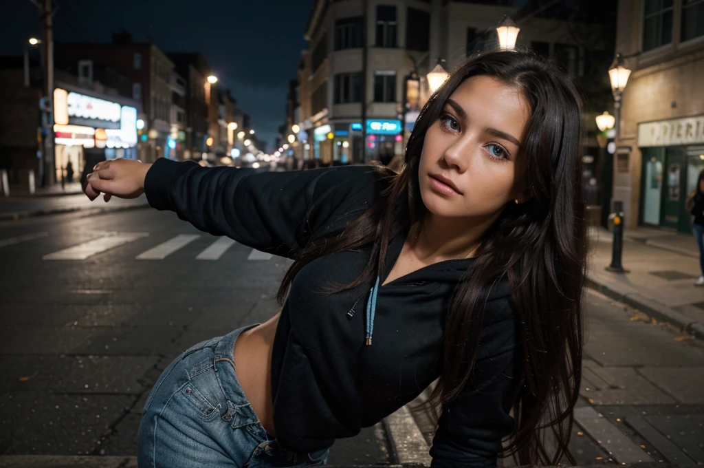 (8k, best quality, masterpiece:1.2), (sfw:1.3), (realistic, photo-realistic:1.37), ultra-detailed, 1 girl,cute, solo,beautiful detailed sky,detailed street,night,standing,(determined look:1.1),(closed mouth) medium breasts,beautiful detailed eyes,(Black hoodie:1.1), Jeans,(long hair:1.2),floating hair, hair partially covering eyes, piercing eyes, blue eyes, 20 years old up close