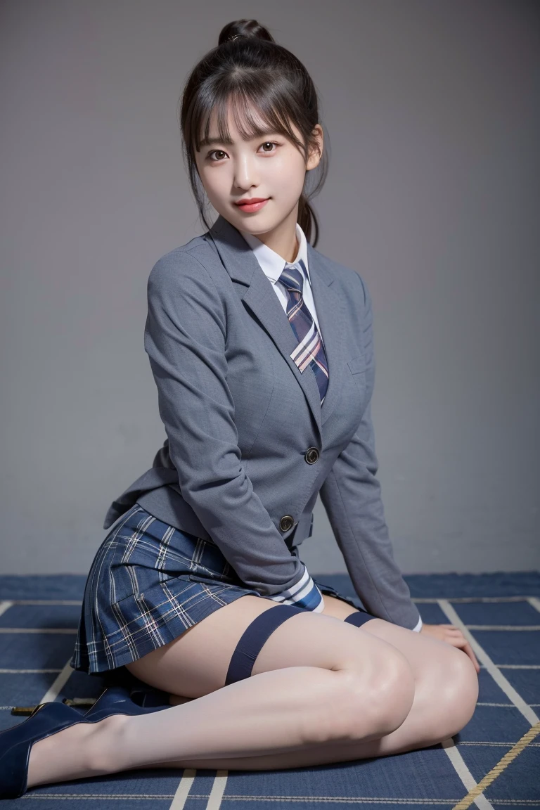 (8K), (highest quality: 1.2), (realistic), (realistic: 1.37), ultra high resolution, (1 girl), cute, smile, closed mouth, beautiful details, beautiful nose, ponytail, giant dulcefo, pork, thighs，self snap,University Student Uniform,(A simple navy blue blazer),pleated skirt,(The skirt and tie are gray tartan check pattern....:1.3),(sitting:1), sit on the ground,(hug your feet:1),(Pink stockings),from the front,knees,loafers