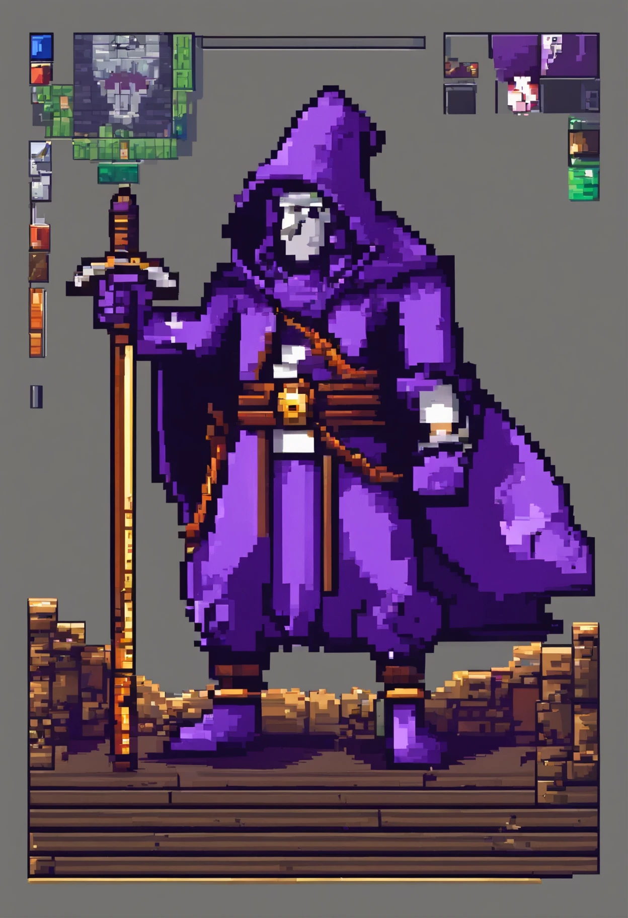 Pixelated image of a wizard in purple clothing and gray hood wearing a burning staff and a warrior in purple clothing and a cap
Gray ETE holding a golden axe fighting a warrior orc on a ruined plain