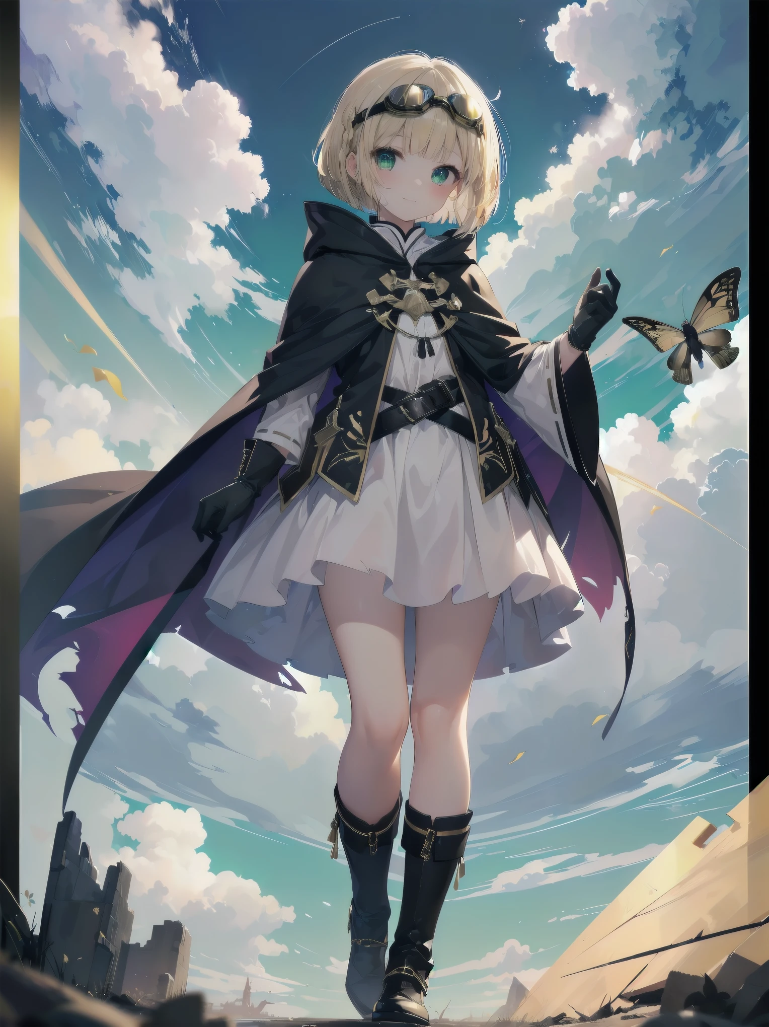 (((master piece、highest quality、Ultra-precision、The best and perfect quality)))、((fantasy))、1 person、(((Cute )))、(White skirt with gold embroidery)、(Blonde one-length bob cut with braids)、(big glowing dark green eyes、shining eyes)、((Long cloak with big hood))、(green surcoat with gold embroidery)、(((Head Goggles)))、((Thick gloves))、big 、smile、(((fly in the sky)))、(((Flight sensation)))、((((Clouds streaming from the screen))))、((Torn Clouds))、(Jump into the sky)、((air))、storm、steam、Fluorescent particle group、Ultra-fantastical、Many particles of light are flying、dynamic angle、Side view