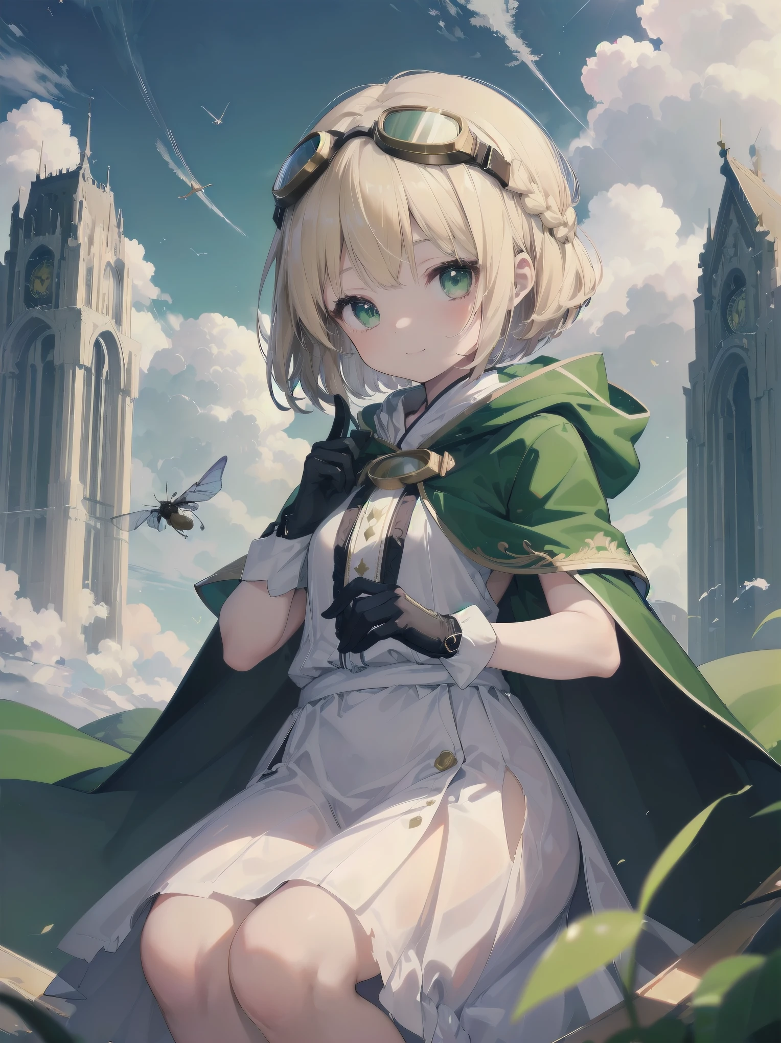(((master piece、highest quality、Ultra-precision、The best and perfect quality)))、((fantasy))、1 person、(((Cute little girl)))、(White skirt with gold embroidery)、(Blonde one-length bob cut with braids)、(big glowing dark green eyes、shining eyes)、((Long cloak with big hood))、(green surcoat with gold embroidery)、(((Head Goggles)))、((Thick gloves))、big 、smile、(((fly in the sky)))、(((Flight sensation)))、((((Clouds streaming from the screen))))、((Torn Clouds))、(Jump into the sky)、((air))、storm、steam、Fluorescent particle group、Ultra-fantastical、Many particles of light are flying、dynamic angle、Side view