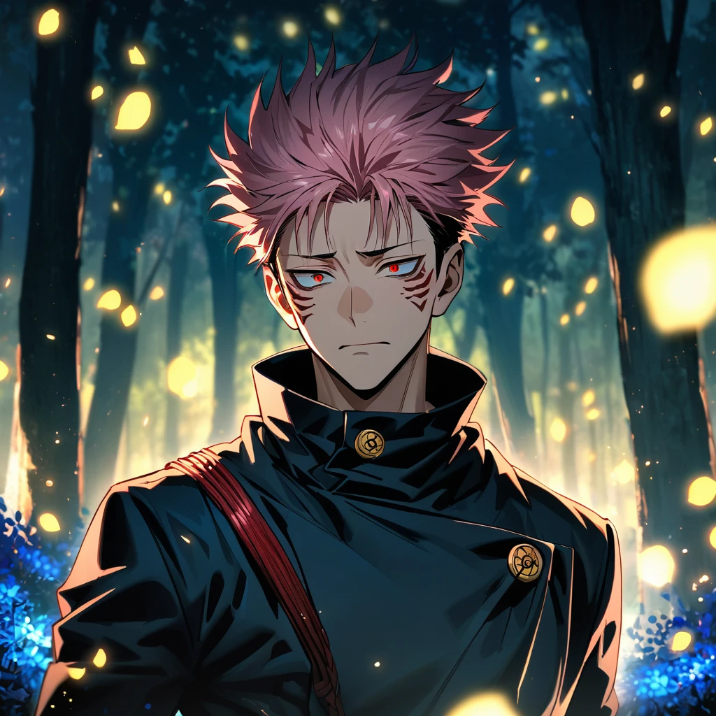 Ultra detailed, highres, absurdres, HDR, Ryomen Sukuna, pink hair, red eyes, Jujutsu Kaisen, black jacket, handsome, 1 man only, sad expression, fireflies, blue forest, petals,