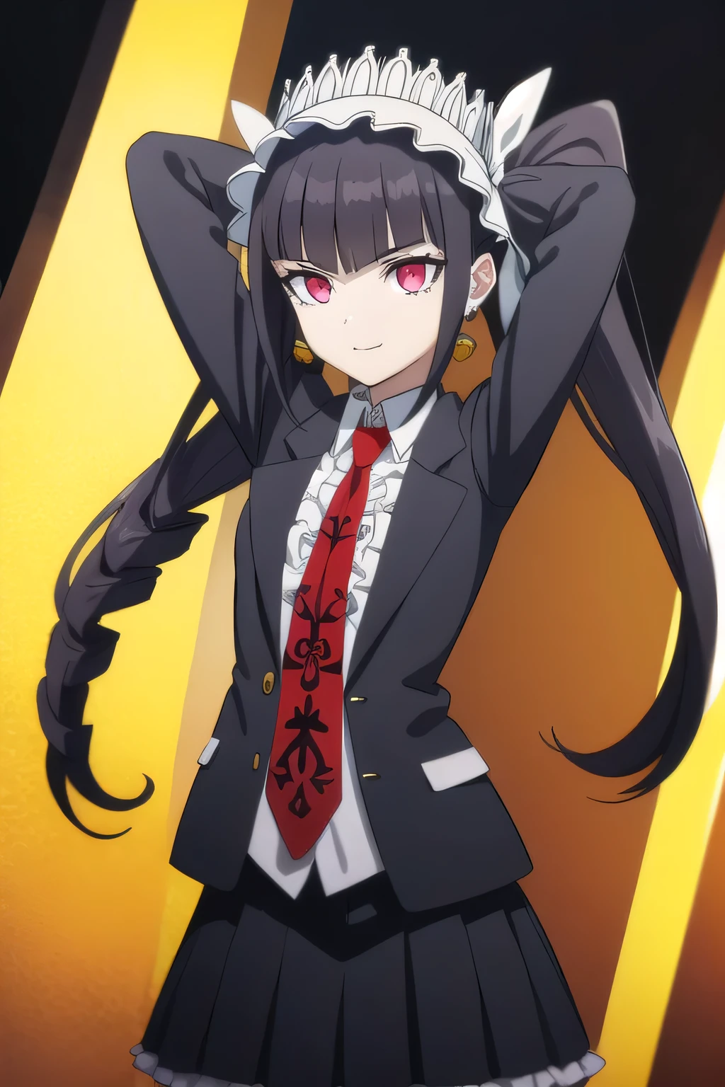 celestialudenberg, celestia ludenberg, long hair, bangs, black hair, (red eyes:1.3), long sleeves, twintails, drill hair, twin drills,
BREAK skirt, shirt, black hair, long sleeves, jewelry, jacket, earrings, frills, necktie, black skirt, black jacket, red necktie, bonnet, print necktie,
solo, night sky, forest, arms behind head, contrapposto, spread armpits, closed mouth, smile, cowboy shot,
BREAK (masterpiece:1.2), best quality, high resolution, unity 8k wallpaper, (illustration:0.8), (beautiful detailed eyes:1.6), extremely detailed face, perfect lighting, extremely detailed CG, (perfect hands, perfect anatomy),