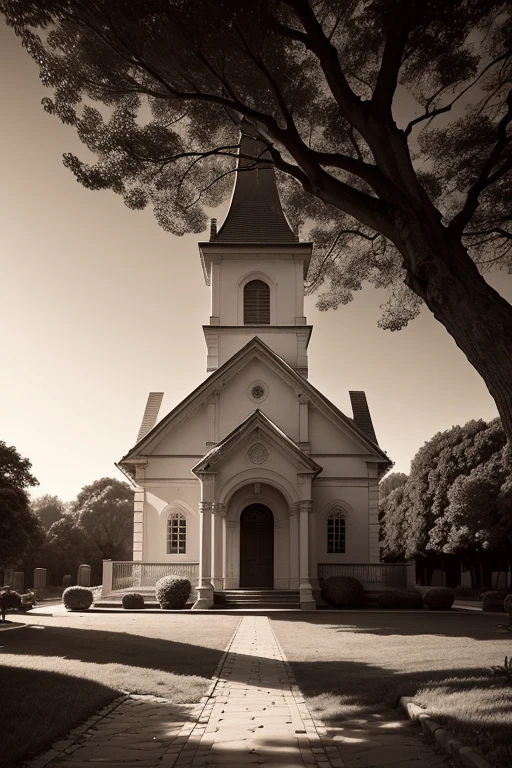 panoramic view of a church in a park with trees and bushes, fotografia do jardim encantado, Sepia Floor, igreja na madeira, atmospheric photography, luz noturna filtrada, sepia toned, explodindo com luz sagrada, morning light, luz que entra, com o sol brilhando sobre ele, 3 5 mm, 35mm, 35mm, morning light de verão