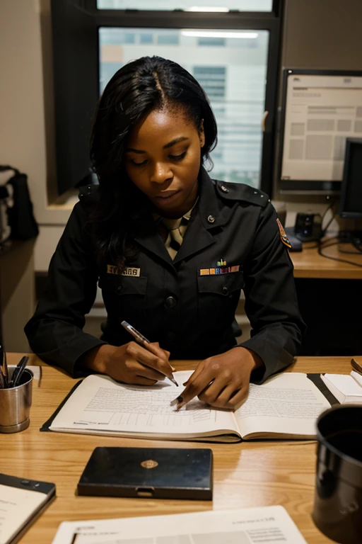 Black Female military officer  working late at her desk one evening