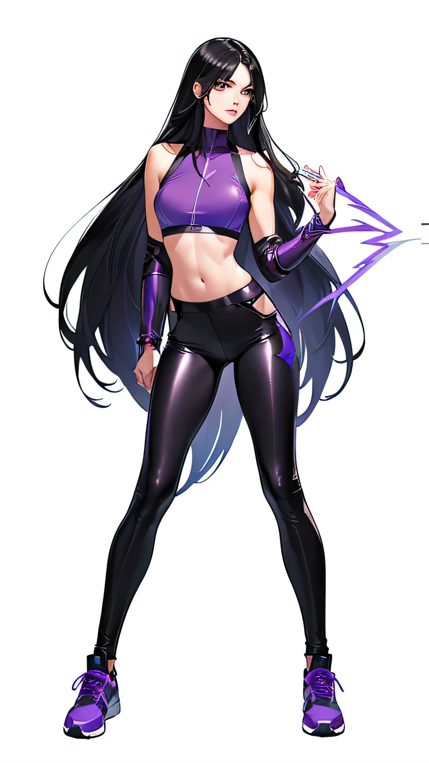 (purple. Thunder tattoo:1.1),(Lightning power:1.4),(full body shot:1.3), ( Purple Leather leggings:1.25), (Purple Leather sports bra:1.2),Long straight hair, (Battle stance:1.25),
(Mature women:1.2),masterpiece, (best quality),(extremely detailed eyes and face),extremely detailed CG unity 8k wallpaper,best quality,(Perfect detail:1.2),
1 woman, (detailed:1.2), (realistic:1.2), (standing:1.1), (full body shot:1.2), (outdoors:1.1),(skinny:1.5), scenic view,(Long legs:1.1), beautiful legs,
Young wife,(Long black hair:1.2), Long straight hair, (straight hair:1.3),sneakers,(Put your hands behind your hips),(Thunder tattoo:1.1),(Lightning power:1.2),
(white background:1.5), monotonous background,(empty-handed:1.1),scenic view,Secret agent, (ruthless temperament:1.2),(empty-handed:1.3),