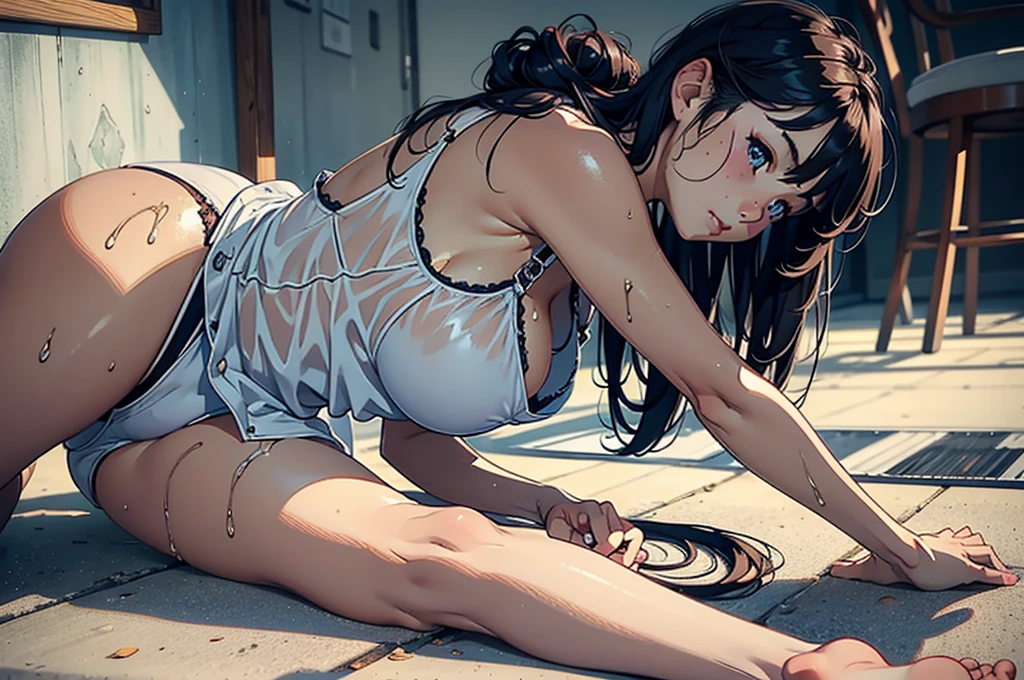 カラフルなヨガマットに座っている白い下着を着たアラフィフの日本people女性, 日本people女性１people, realistic young gravure idol, Yoshitomo Nara,  Young beautiful gravure idol,  Chiho, 8K)), young sensual gravure idol, Glossy skin that looks wet!!, shiny silver, cute freckles,((beautiful skin)),((skin texture)),((Real Touch)),healthy, Ruddy, facing forward,forward bending posture,spread legs,seiza,Stretching my legs, Hair tied up with a rubber band,looking at camera,