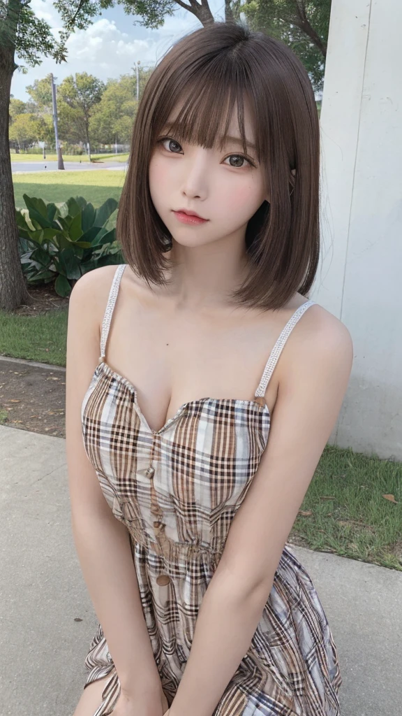 masterpiece, highest quality, High resolution,super detailed, amazingly beautiful woman,8k wall,one girl, (a beauty girl, delicate girl:1.3), (13 years old:1.3), break, (Casual dress with plaid pattern:1.3), break, extremely fine-grained clarity, (symmetrical eyes:1.3), break, (lush park:1.3), break, small breasts, brown eyes, parted bangs, brown hair, girl, break, (Eye and face details:1.3), break, surprised face,