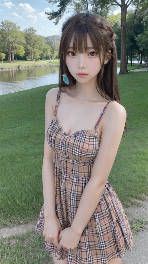 masterpiece, highest quality, High resolution,super detailed, amazingly beautiful woman,8k wall,one girl, (a beauty girl, delicate girl:1.3), (:1.3), break, (Casual dress with plaid pattern:1.3), break, extremely fine-grained clarity, (symmetrical eyes:1.3), break, (lush park:1.3), break, small breasts, brown eyes, parted bangs, brown hair, girl, break, (Eye and face details:1.3), break, surprised face,