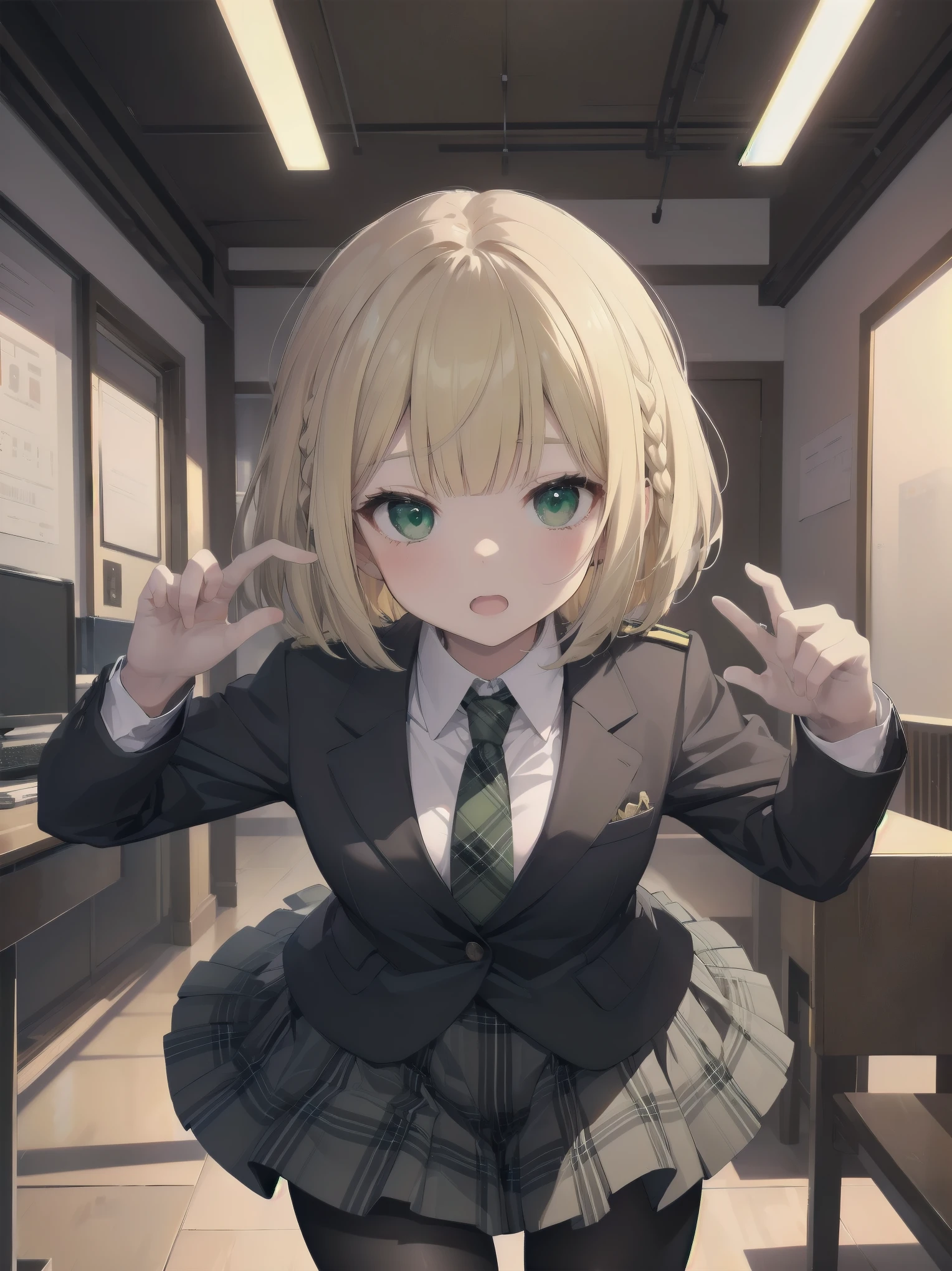 Top-High quality、Highest image quality、masterpiece、high contrast、Elegant、erotic expression、high school girl、blonde、Bob cut braids、uniform、(brown blazer)、ribbon tie、(Green and gray plaid skirt)、(black tights)、cinematic lighting、fine shading、cute、Truly unbelievably cute absurd、outside、outside苑