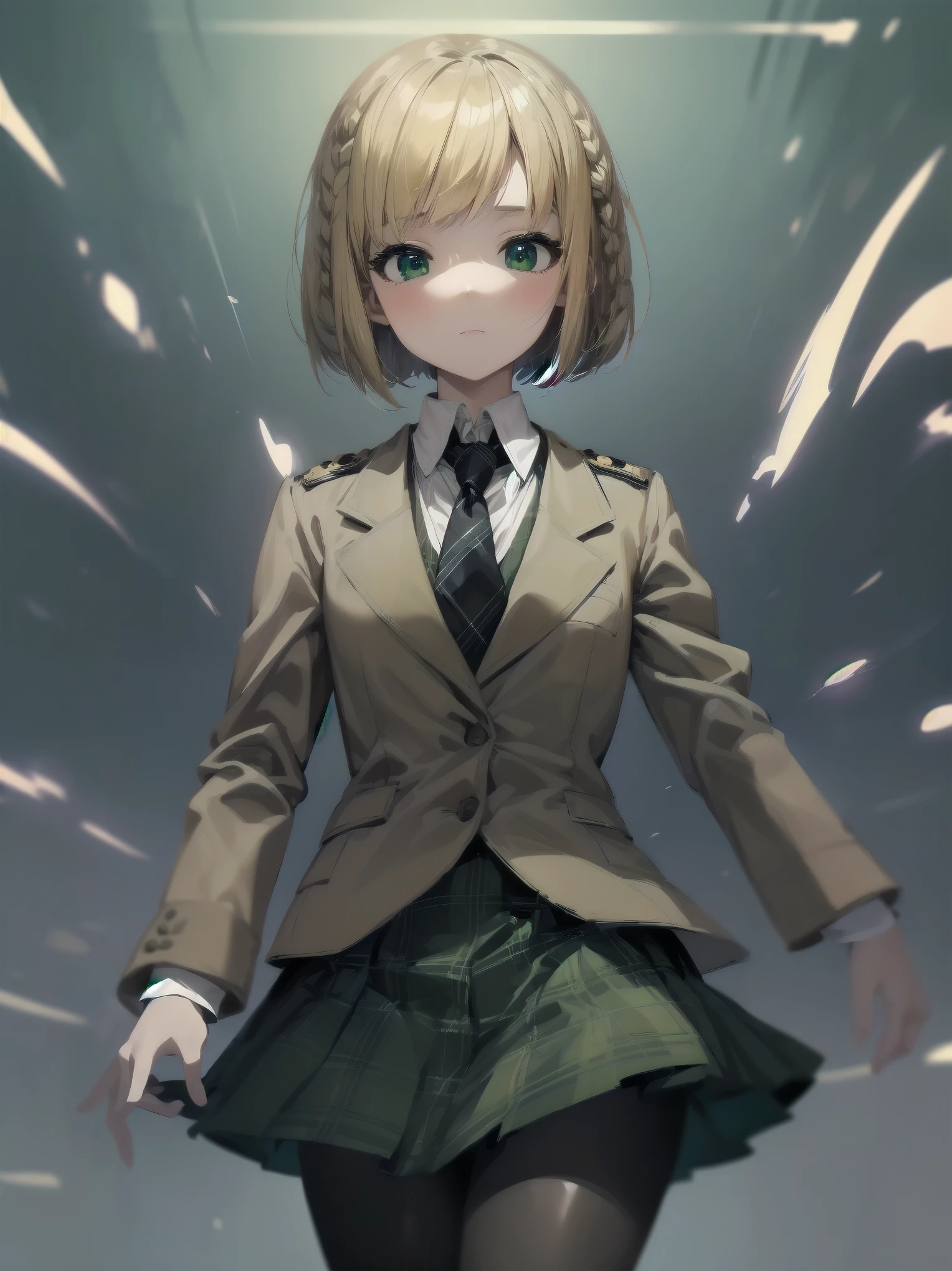 Top-High quality、Highest image quality、masterpiece、high contrast、Elegant、erotic expression、high school girl、blonde、Bob cut braids、uniform、(brown blazer)、ribbon tie、(Green and gray plaid skirt)、(black tights)、cinematic lighting、fine shading、cute、Truly unbelievably cute absurd、outside、outside苑