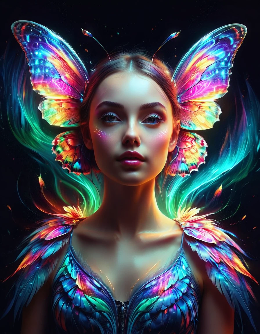 A surreal digital portrait of a European girl，She has glowing butterfly wings，Immerse yourself in a world of vibrant and neon colors，With the light of another world，Semi-flight state，Elements of fantasy and fantasy，Evoke the extravagance of surrealist art with exaggerated perspective，Use soft brushstrokes to add texture and depth to your image，Highlighting the intricate pattern and glowing effect of her wings