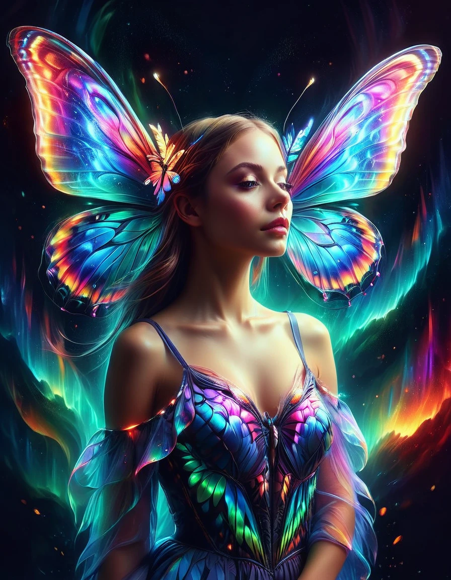 A surreal digital portrait of a European girl，She has glowing butterfly wings，Immerse yourself in a world of vibrant and neon colors，With the light of another world，Semi-flight state，Elements of fantasy and fantasy，Evoke the extravagance of surrealist art with exaggerated perspective，Use soft brushstrokes to add texture and depth to your image，Highlighting the intricate pattern and glowing effect of her wings