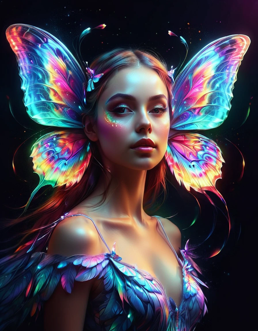 A surreal digital portrait of a European girl,She has glowing butterfly wings,Immerse yourself in a world of vibrant and neon colors,With the light of another world,Semi-flight state,Elements of fantasy and fantasy,Evoke the extravagance of surrealist art with exaggerated perspective,Use soft brushstrokes to add texture and depth to your image,Highlighting the intricate pattern and glowing effect of her wings