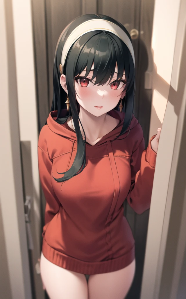 (masterpiece), (best quality), (beautiful eyes and face), (perfect female body), (shiny skin),
looking at viewer, cowboy shot,
1girl, solo, yor briar, black hair, long hair, red eyes,
small breasts,
white hairband, gold earrings, jewelry, (oversized hoodie), (cleavege)
lips seperated , mouth open
, facing viewer, large waist, thick thighs, thigh gap, (36year old woman), facing viewer, no pants, naked legs, hoodie covering pussy, hoodie covering waist, thick heavy hoodie, large hoodie strings, sStanding in doorframe, milf, brushing haircut of face, standing in doorway