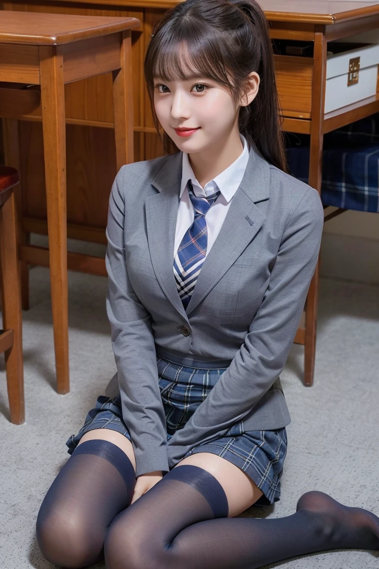 (8K), (highest quality: 1.2), (realistic), (realistic: 1.37), ultra high resolution, (1 girl), cute, smile, closed mouth, beautiful details, beautiful nose, ponytail, giant dulcefo, pork, thighs,self snap,University Student Uniform,(A simple navy blue blazer),pleated skirt,(The skirt and tie are gray tartan check pattern....:1.3),(sitting:1), sit on the ground,(hug your feet:1),(red tights),from the front,knees,panties,loafers