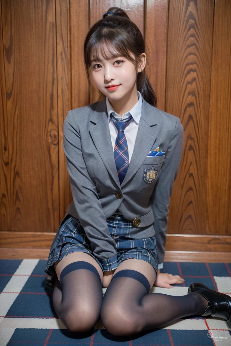 (8K), (highest quality: 1.2), (realistic), (realistic: 1.37), ultra high resolution, (1 girl), cute, smile, closed mouth, beautiful details, beautiful nose, ponytail, giant dulcefo, pork, thighs,self snap,University Student Uniform,(A simple navy blue blazer),pleated skirt,(The skirt and tie are gray tartan check pattern....:1.3),(sitting:1), sit on the ground,(hug your feet:1),(red tights),from the front,knees,panties,loafers