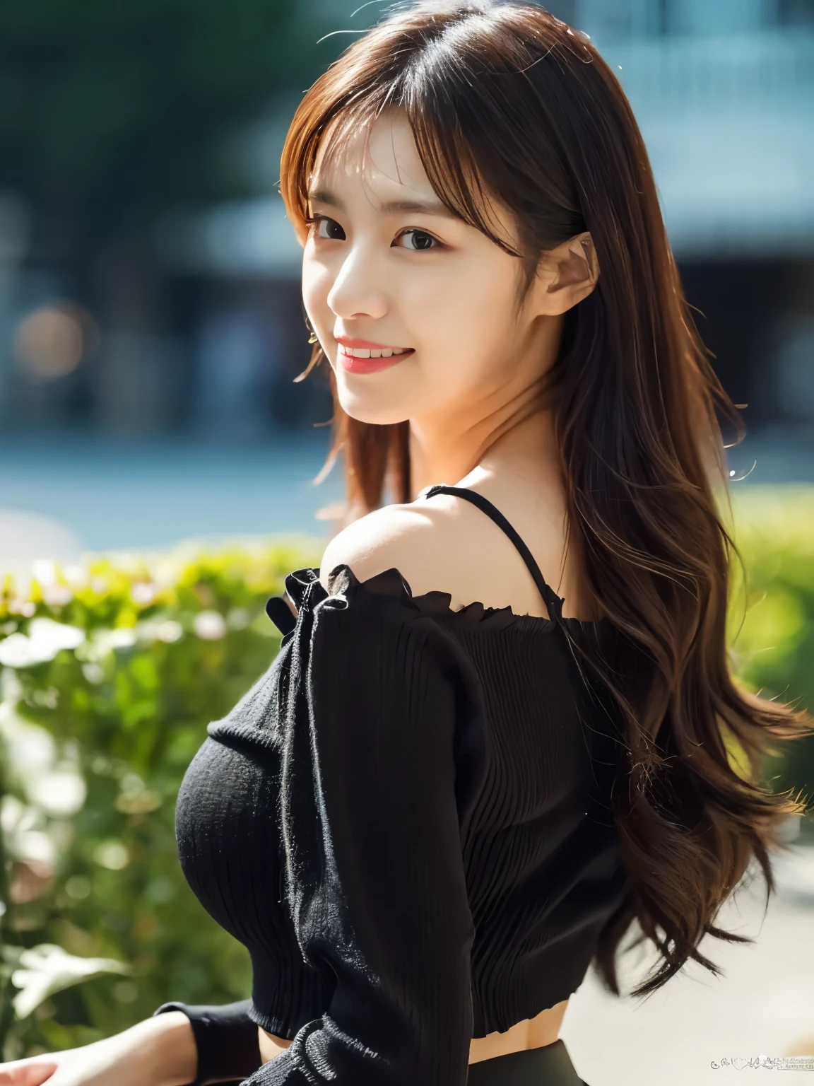 1 girl, (wearing a black blouse:1.2), black short skirt, beautiful Japanese actress, (RAW photo, highest quality), (realistic, Photoreal:1.4), masterpiece, very delicate and beautiful, very detailed, 2K wallpaper, wonderful, finely, very detailed CG Unity 8k wallpaper, Super detailed, High resolution, soft light, beautiful detailed girl, very detailed目と顔, beautifully detailed nose, beautiful and detailed eyes, Long hair, cinematic lighting, break, (Against the backdrop of a outside the open cafe terrace 1.3), city lights, perfect anatomy, slender body, smile, Face the front completely, (look at the camera), (waist shot), (emphasize big breasts), (full body shot), (Random body direction), (Shooting from a long distance),