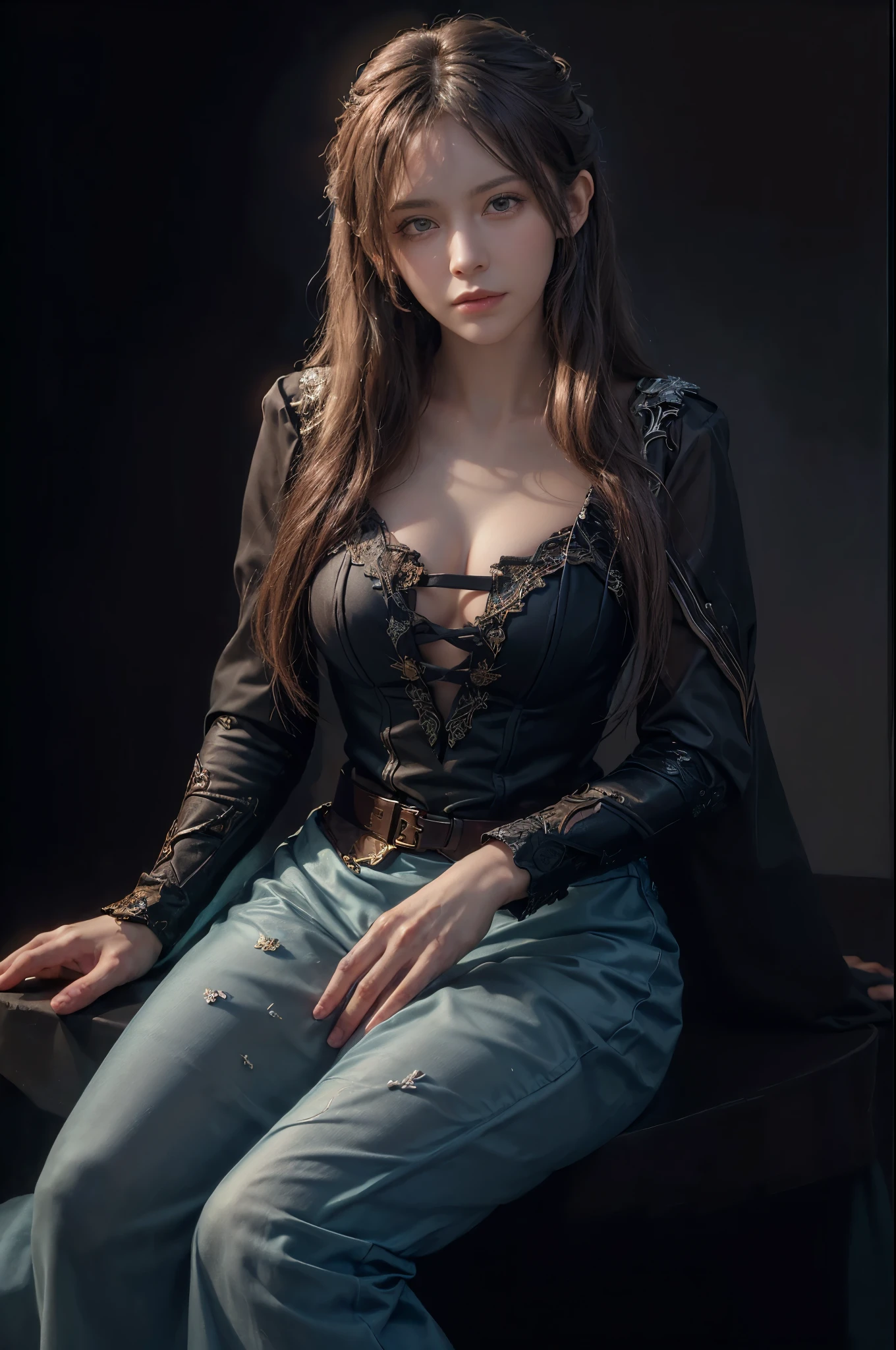 (front focus), (in the dark:1.6), Hyperrealist portrait of female by david hockney and alphonse mucha, fantasy art, photo realistic, dynamic lighting, artstation, poster, volumetric lighting, very detailed faces, 4 k, award winning, 1girl, in the dark, deep shadow, low key, cowboy shot, (official clothing:1.4), long hair, white hair