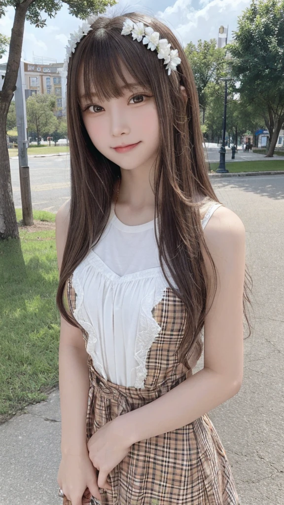 masterpiece, highest quality, High resolution,super detailed, amazingly beautiful woman,8k wall,one girl, (a beauty girl, delicate girl:1.3), (13 years old:1.3), break, (Casual dress with plaid pattern:1.3), break, extremely fine-grained clarity, (symmetrical eyes:1.3), break, (lush park:1.3), break, small breasts, brown eyes, parted bangs, brown hair, girl, break, (Eye and face details:1.3), break, surprised face,