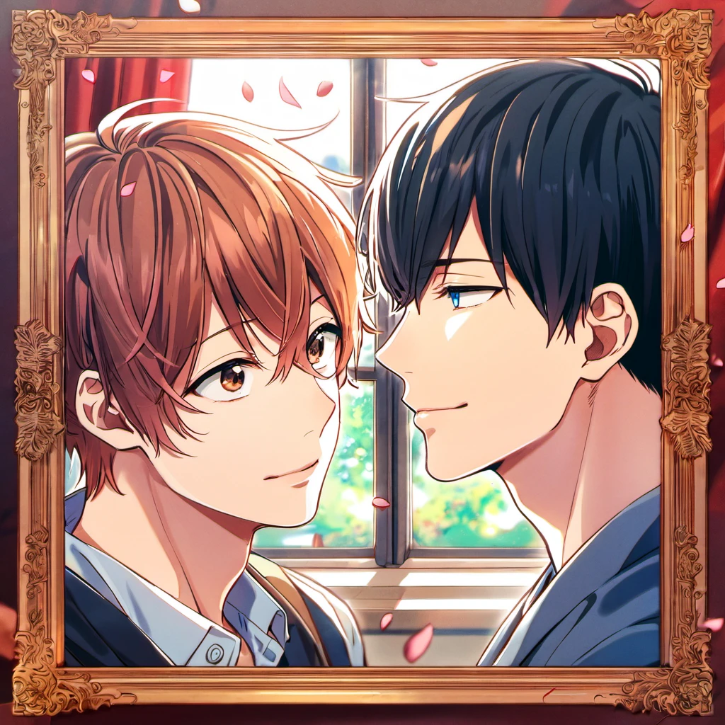 absurdres, highres, ultra detailed, HDR), master piece, best quality, Uenoyama Ritsuka, black hair, expressive blue eyes, Given, Sato Mafuyu, pink-brown hair, expressive brown eyes, 2men together, gay couple, handsome, window, red curtains, petals