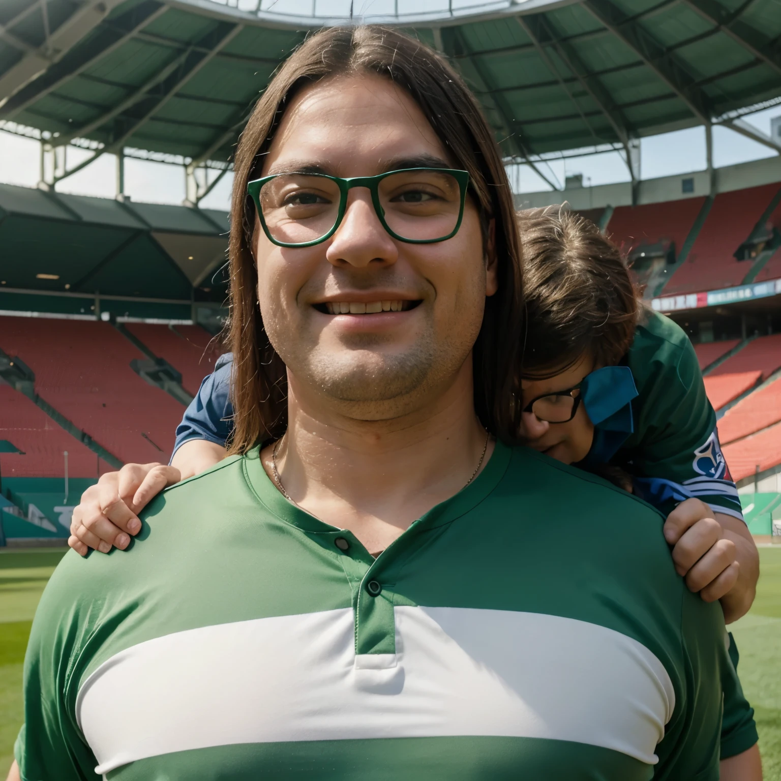 Fat father in green shirt wearing glasses in front of the Allianz park stadium together with thin white son and straight hair