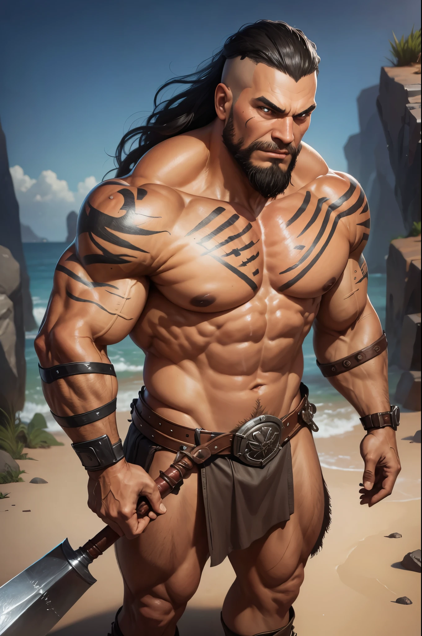 a close up of a goliath barbarian with a greataxe, Pail bule sink, young goliath , with red tattoos and scars on the body, male goliath portrait, covered in tattoos, fit young male , concept art of god, muscular , young god, barbarian male fantasy, detailed full body concept, goliath character, immortal, no wrinkles, bald head.